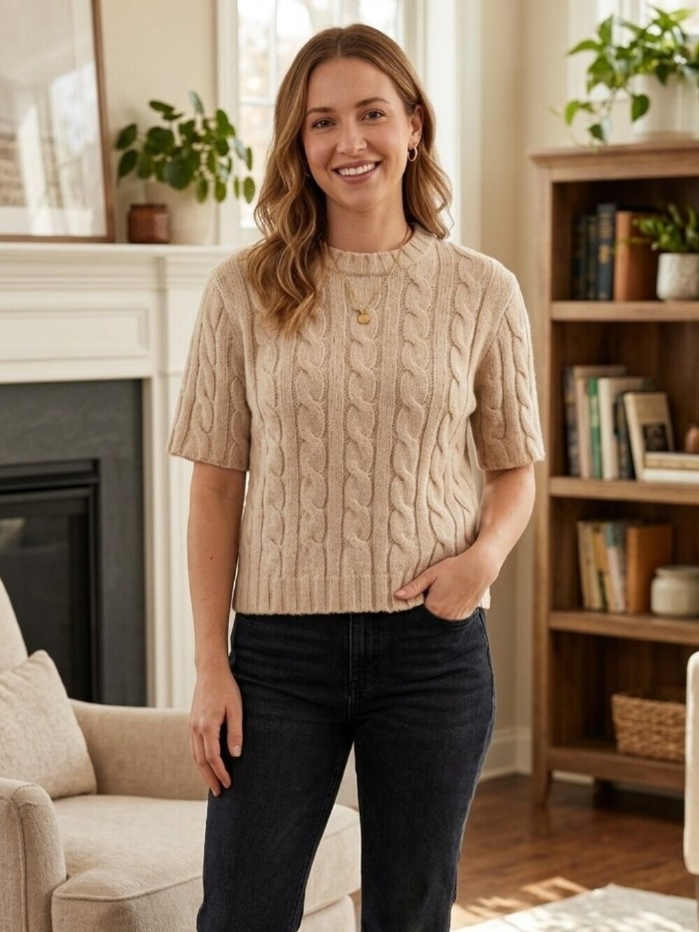 J Crew Womens Large Sweater Cable Knit Short Sleeve Beige 100% Wool